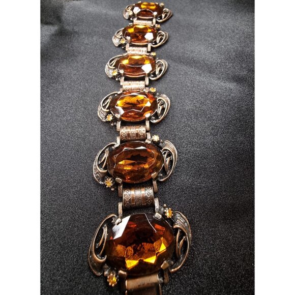 Vintage Czech Glass Amber Rhinestone Bracelet With Ornate Brass Setting & Floral - Picture 3 of 6